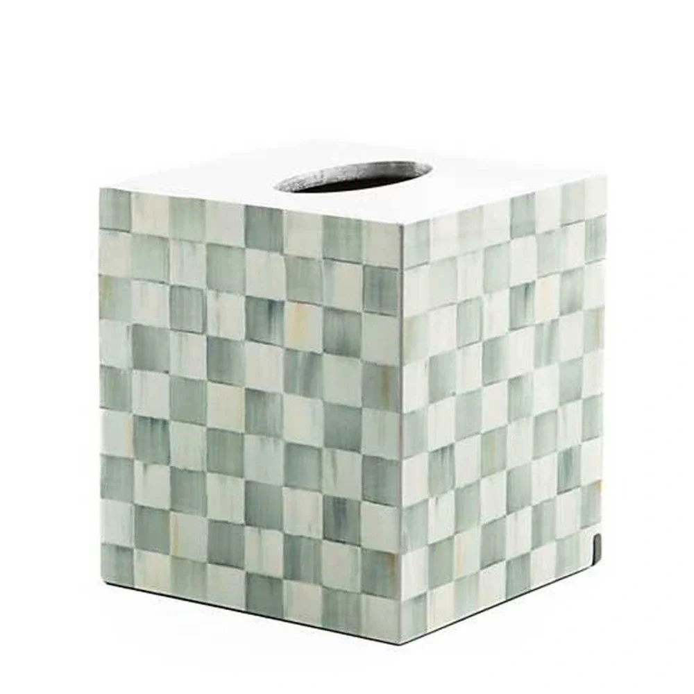 Brand New Mackenzie-Childs Sterling Check Lacquer Boutique Tissue Box Cover